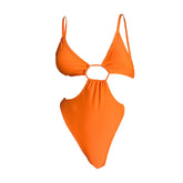 Traje de baño de una pieza de corte bajo con fruncido y botones sólidos y huecos